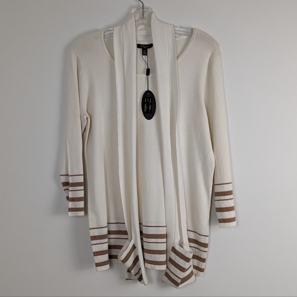 Women's Cupio Striped Open Front Cardigan in Ivory and Taupe Size L